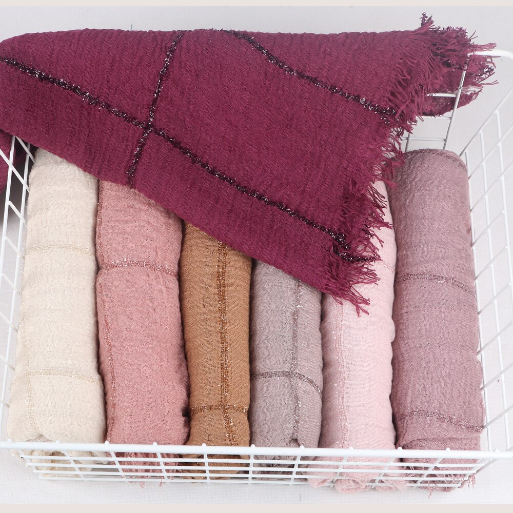 Hijab en coton déchiré pour femmes, , froissé, sertissage, turban, avec paillettes, lignes en dentelle, écharpe de tête, châle,