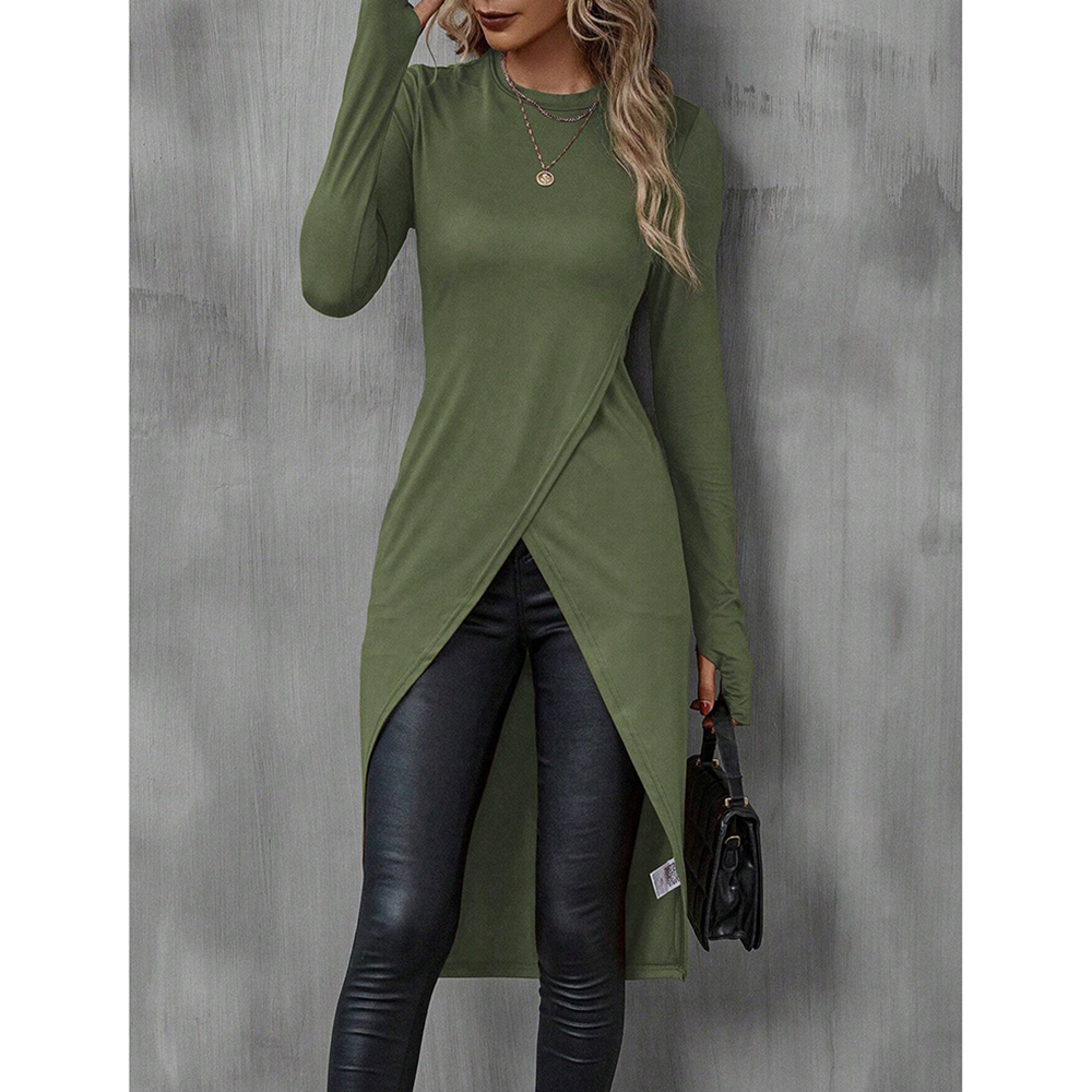 Mia Muse Camisetas de otoño para mujer, camisetas francesas decentes lisas de manga larga con cuello redondo, camisetas largas de calle: XS / Verde