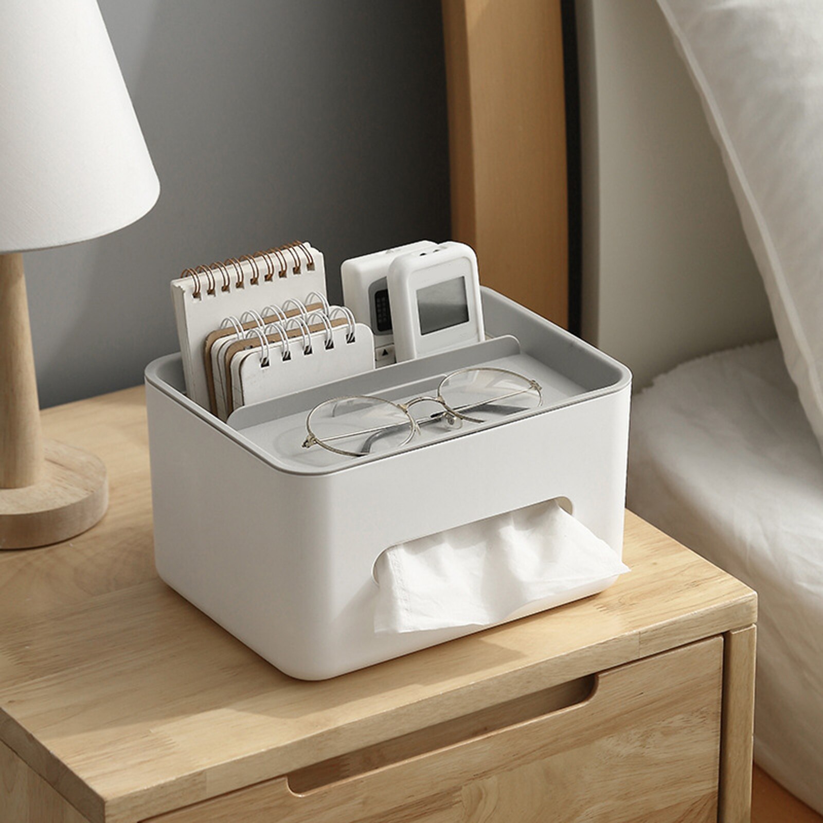 Multifunktionel desktop organizer fjernbetjening holder blyant saks beholder tissue box: Grå