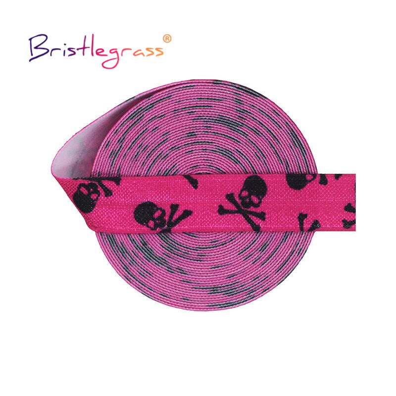 Bristlegrass 2 5 10 Yard 5/8 &quot;15Mm Black Skull Print Foldover Elastische Foe Spandex Satijn Band Tape Haar tie Jurk Diy Naaien Trim