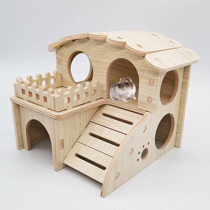 J2FB Hamster Wooden Hideout House Pet Rats Climbing Play Hut Villa Hideaway Room for Dwarf Gerbil Small Animals