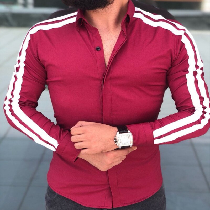 Long Sleeve Mens Shirts Button Up Business Work Smart Formal Plain Dress Top Casual Slim Fit Men Men's Clothing: Red / XL