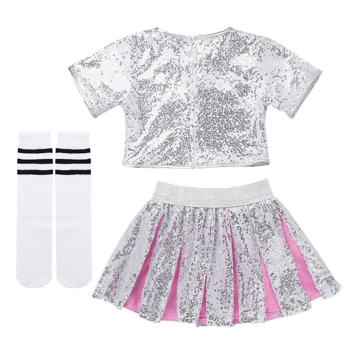 Kids Cheerleader Dancewear Glanzende Pailletten Crop Tops Met Rok Sokken Outfit Meisjes Stage Performance Hip Hop Jazz Dance Kostuum