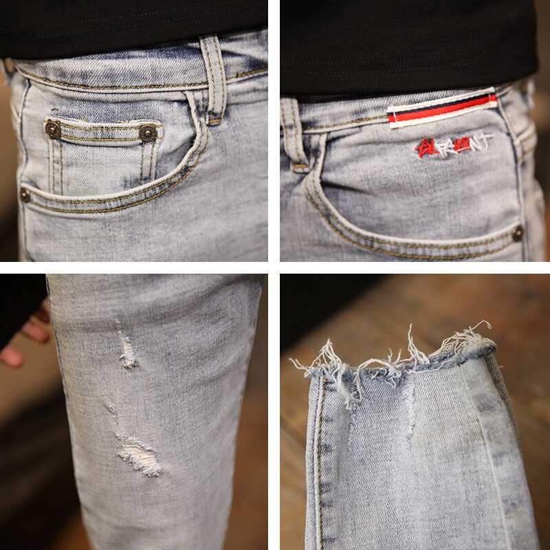 Pantalones vaqueros elásticos para hombre, Jeans ajustados hasta el tobillo, rasgados, ajustados, estilo coreano, 2022