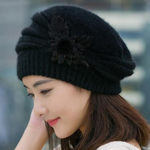 Ski Wandelen Mutsen Vrouwen Winter Hoeden Gebreide Meisjes Bonnet Caps Bergbeklimmen Dame Hoeden Wol Bont Beanie Bloem Skullies Hoed: Black