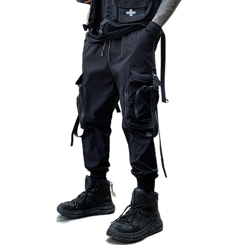 Zipper Big Pockets Ribbons Hip Hop Men's Harem Ripped Sweatpants Joggers Trousers Male Punk Full Length Pencil Pants
