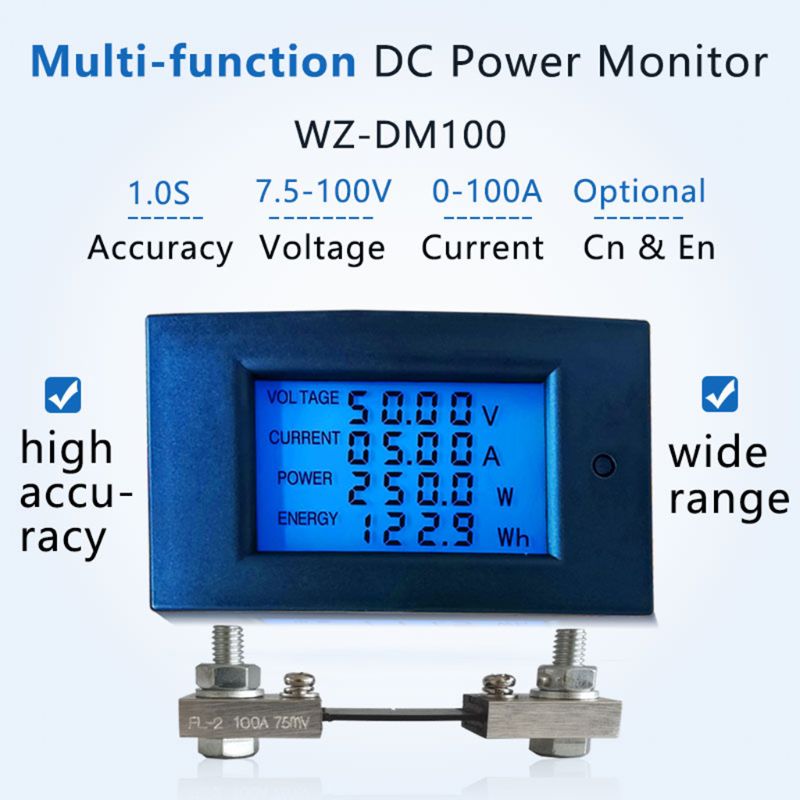 DC 7.5-100V 100A 10kW Power Energy Meter Wattmeter Electrical Panel Gauge Monitor Digital Display Volt kwh Watt Amp