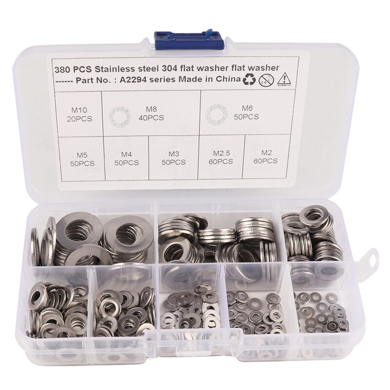 380-Pack Stainless Steel Flat Washer Assortment Set (M2 M2.5 M3 M4 M5 M6 M8 M10) 8 Different Sizes for Home Automotive