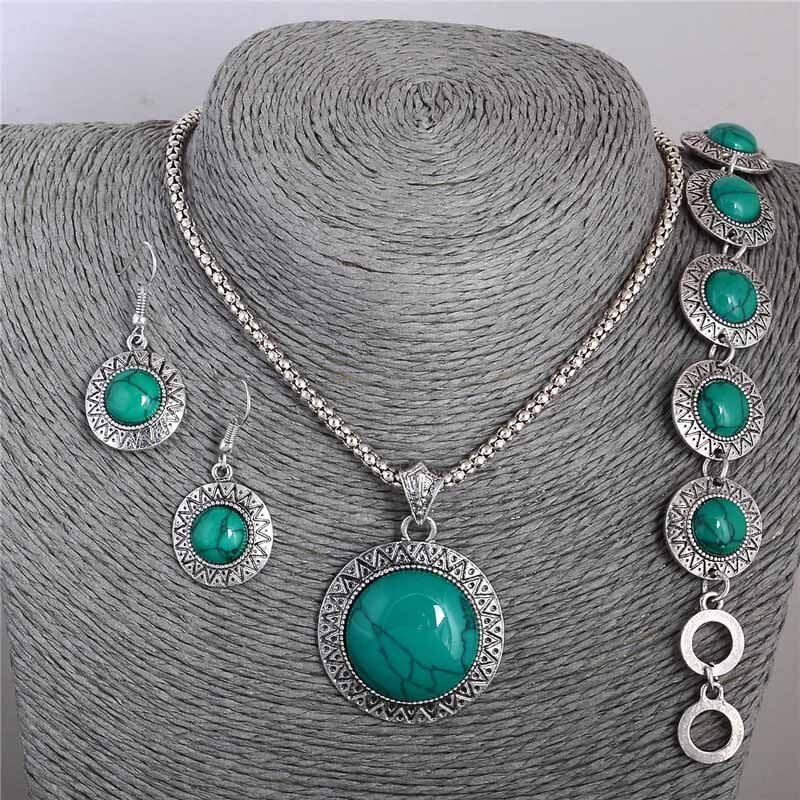 SHUANGR impostato di Gioielli D'epoca Verde naturale pietra Rotonda Del Pendente Degli Orecchini Della Collana Dei Braccialetti Delle Donne Della Boemia bijoux femme