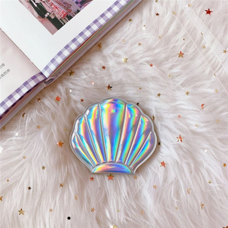 Sea Shell Vormige Holografische Regenboog Gekleurde Vergrootglas Compacte Cosmetische Dubbelzijdig Vouwen Pocket Spiegel Draagbare