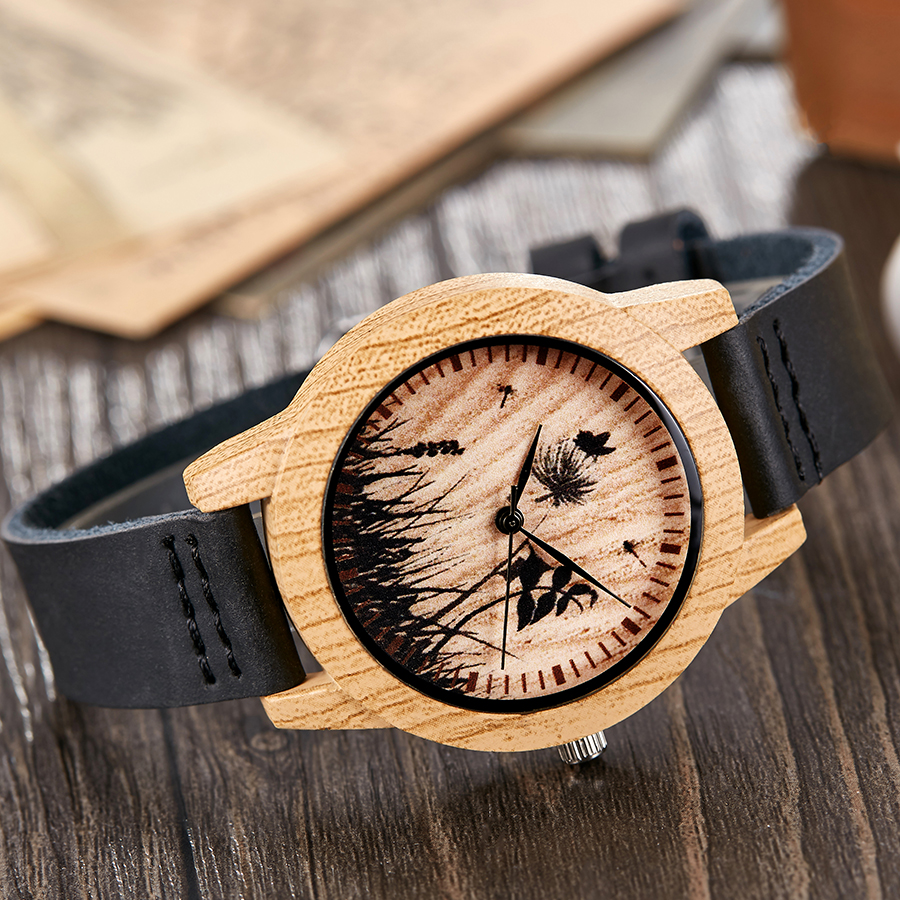 Imitatie houten horloge mannen vrouwen imitatie houten polshorloge zachte leren band mannen kwarts paar pols klok schedel bidsprinkhaan paard uur: Dames zwart horloge
