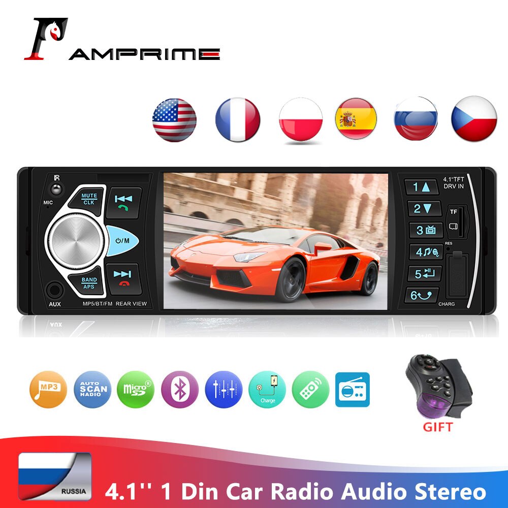 Amprime 4022D 4.1 Inch 1 Din Auto Radio Auto Audio Stereo Autoradio Bluetooth Ondersteuning Achteruitrijcamera Usb Stuurwiel remote