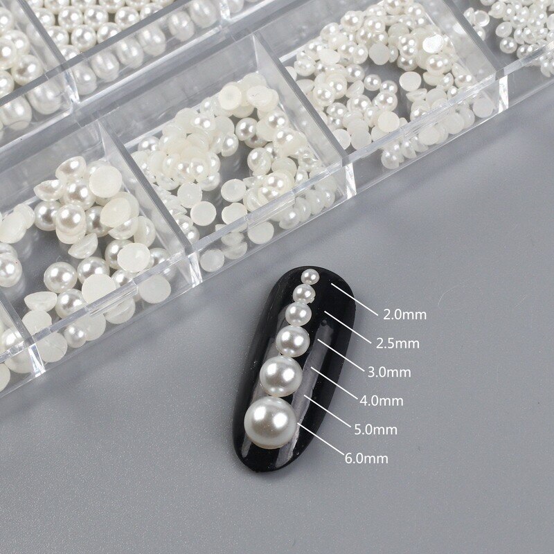 12 Grid AB Wit Nail Pearl Nail Art Decorations Gemengde Size Pearl Steentjes Kralen Plaksteen Nail Tips voor Manicure Nailart