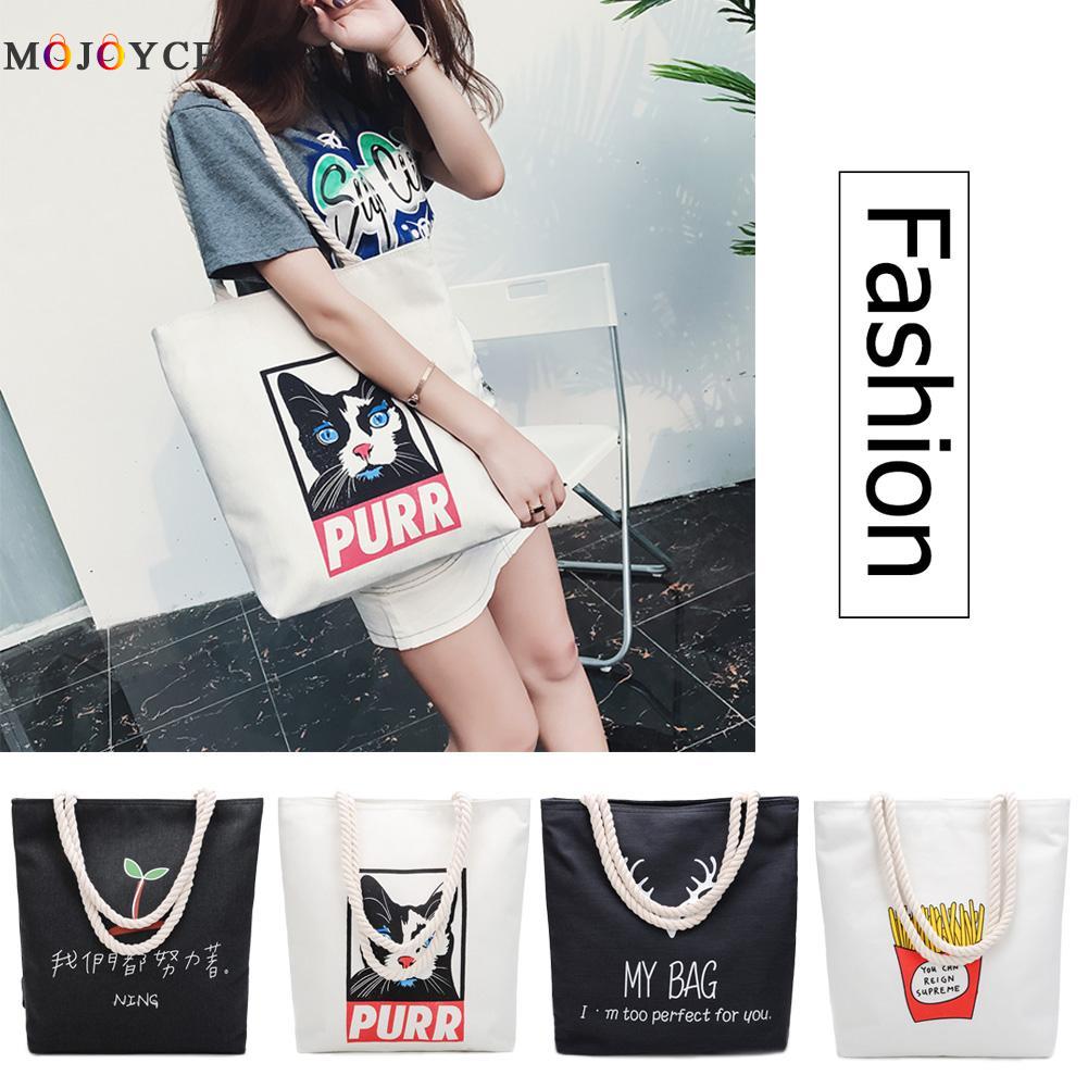 Women Canvas Casual Handbags Shoulder Bags Portable Cat Print Shopping Bag
