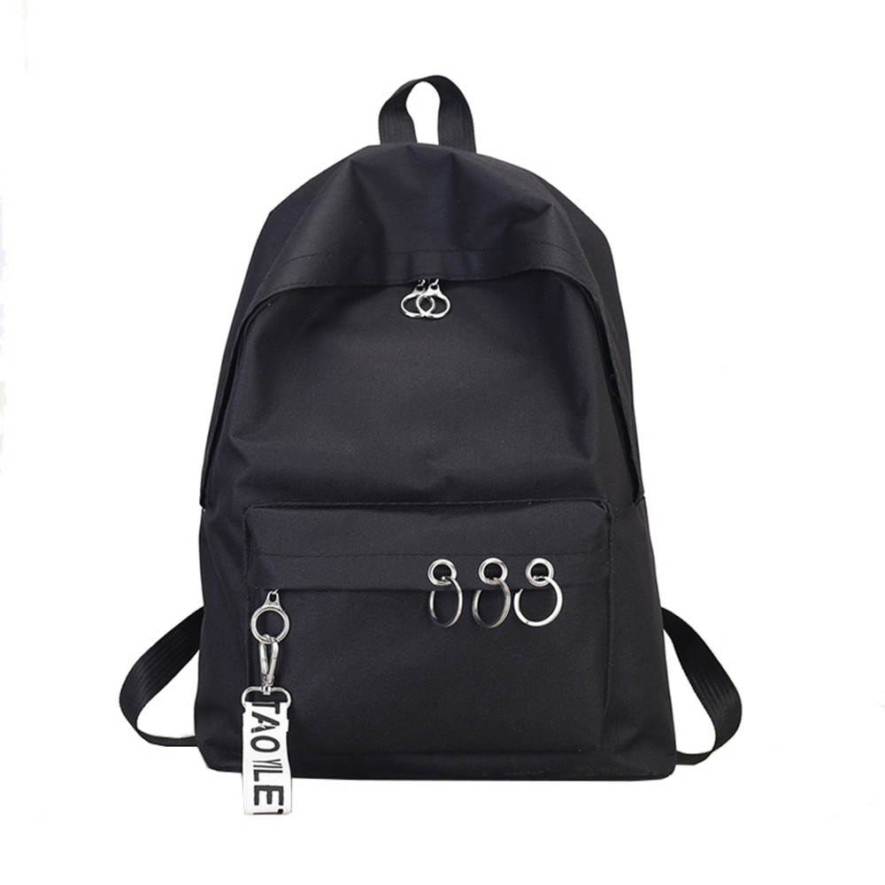 Mochila feminina leve com anel, bolsa escolar ombro decoração viagem: Black