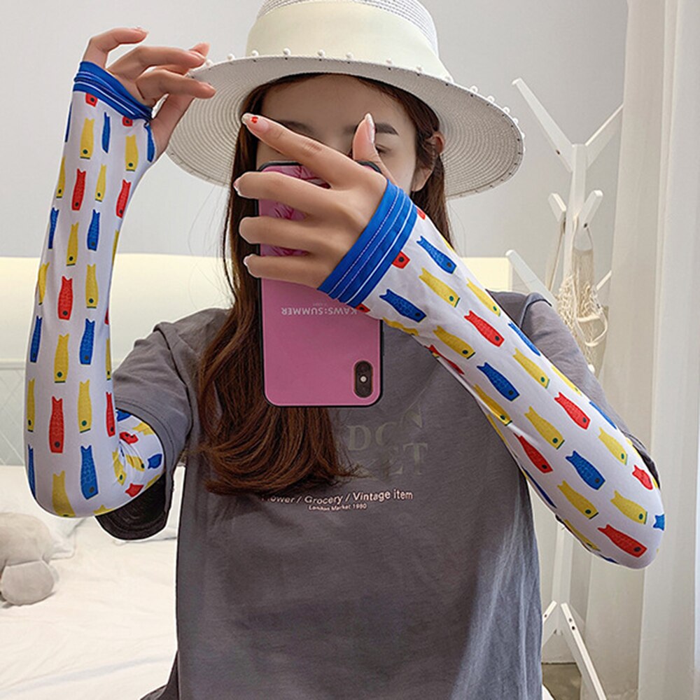 Dames arm mouwen ijs zijde koud fruit bloemen print zonnehandschoenen halve vinger auto armwarmers sport zonnebrandcrème mouw: J