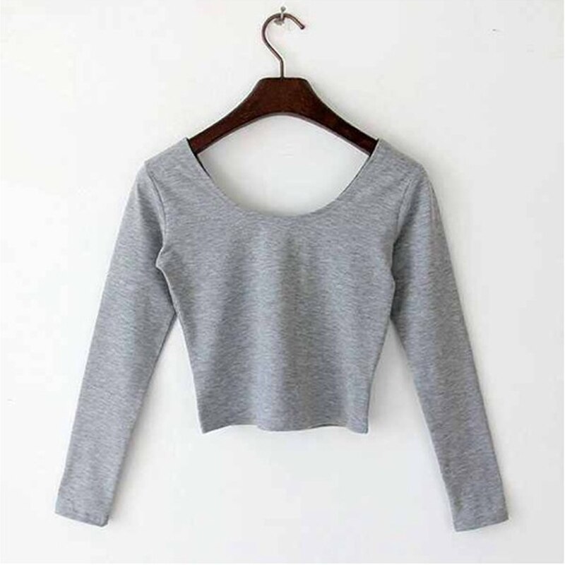 Kvinnor yoga kostym långa ärmar crop tops rund hals hög midja t-shirt slim fit toppar: Ljusgrått