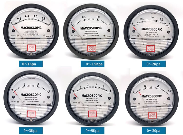 Jauge de différence de Micro-pression d'air pascal differenece mètre 0-30 Pa, 60 Pa, 100 Pa, 125 Pa, 250 Pa, 300 Pa, 500 Pa, 750 Pa, 1kPa, 5kPa etc.