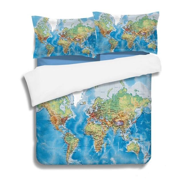 Blauwe wereldkaart beddengoedset met bedrukt dekbedovertrek met kussensloop, twill queen king huishoudtextiel, eenpersoonsmaten 3 stuks: Uk dubbel 200 x 200cm