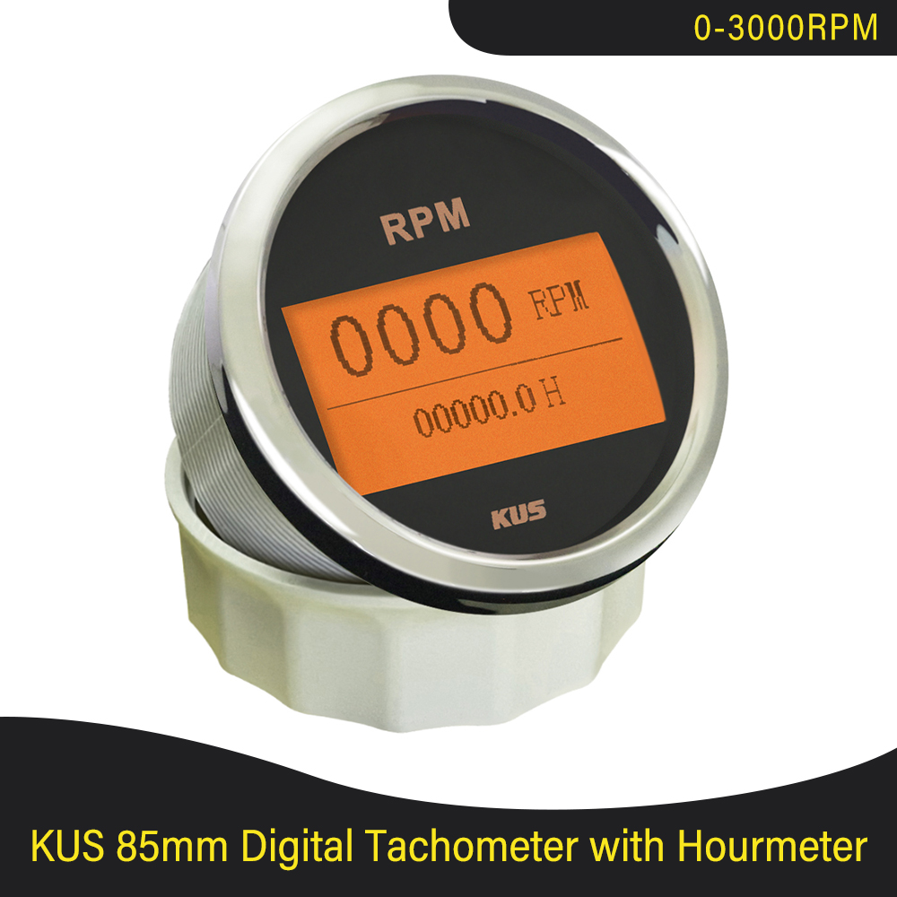 KUS 85mm Tachometer 0-3000/4000/6000/8000RPM 9-32V mit LCD digitale Betriebsstundenzähler Auto Lkw Stiefel Tacho Manometer verrotten/Gelb Hintergrundbeleuchtung