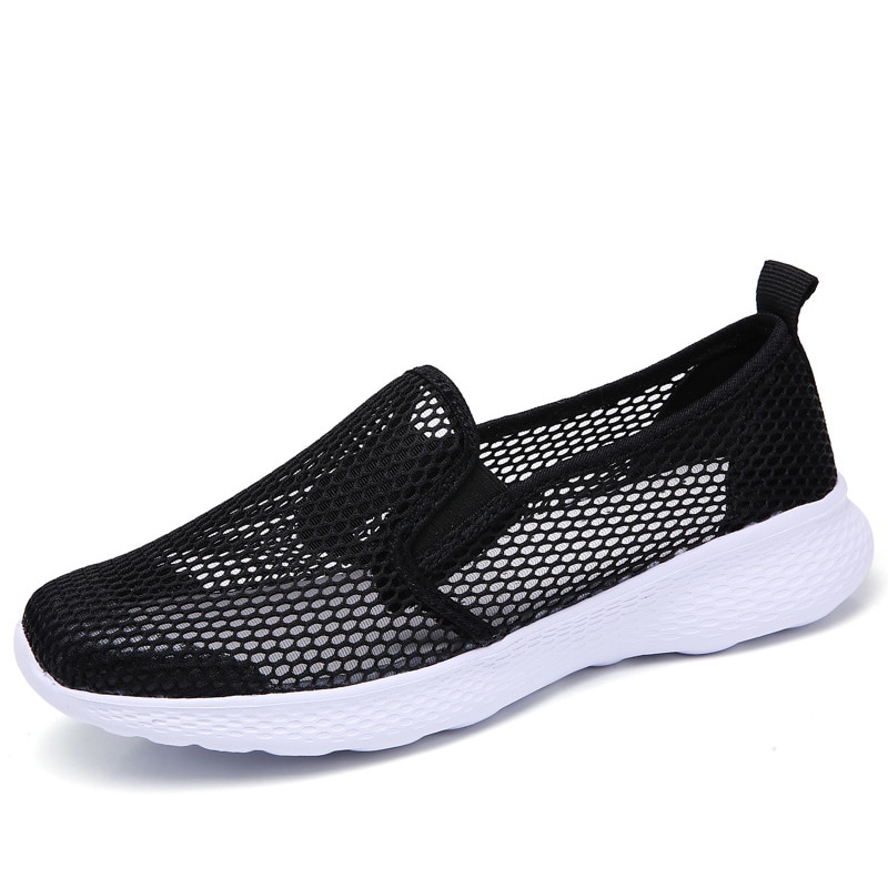Sommer mesh joggesko kvinner pustende utendørs tursko dame slip on elastisk bånd avslappet komfort leiligheter kvinne zapatilla: Svart / 5