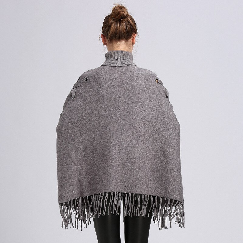 Noyau filé glands attache pull à col roulé en vrac manches chauve-souris pull Cape femmes automne hiver Poncho manteau