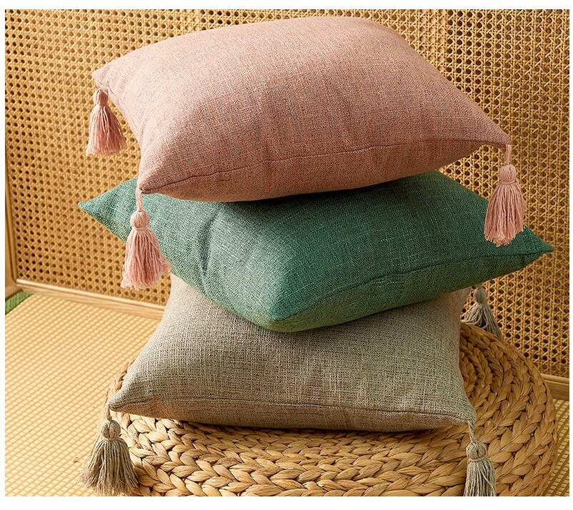 Massivt almindeligt bomulds pudebetræk med kvaster gul beige boligindretning pudebetræk 45 x 45cm pudebetræk sofa pudepude