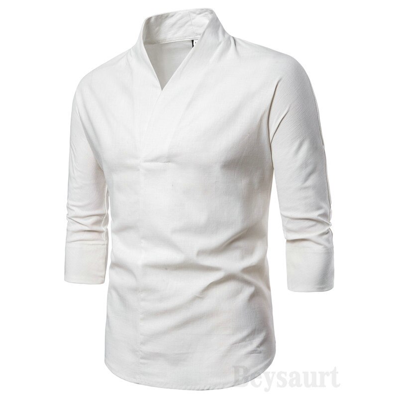 3/4 Mouwen Traditionele Chinese Shirt Mannelijke Kleding Man Top V-hals Shirt Linnen Mannen Kimono Shirt Mannelijke Kleren 4XL: White Kimono Shirt / 4XL