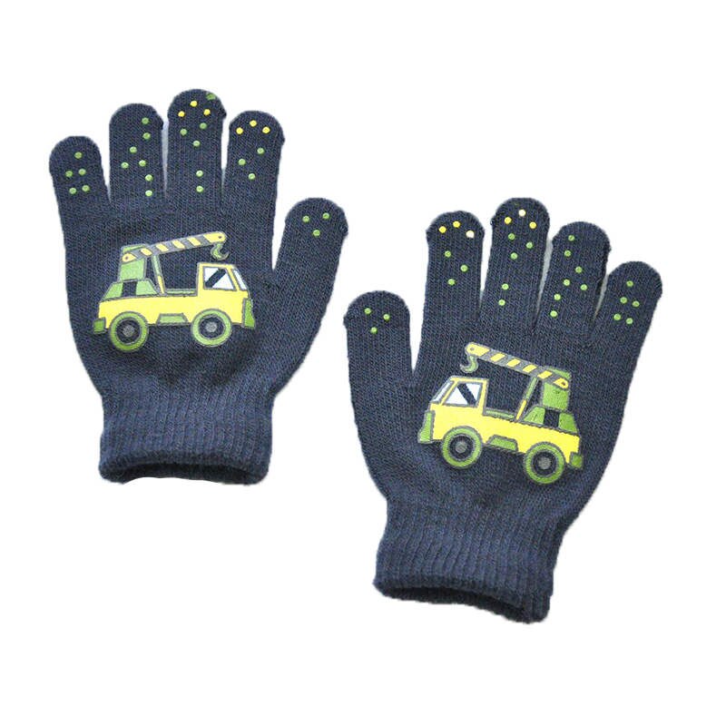 Warmom 6-12Y Children Winter Cold And Warm Outdoor Sports Knitted Gloves Small Engineering Vehicle Pattern Printing Gloves: black