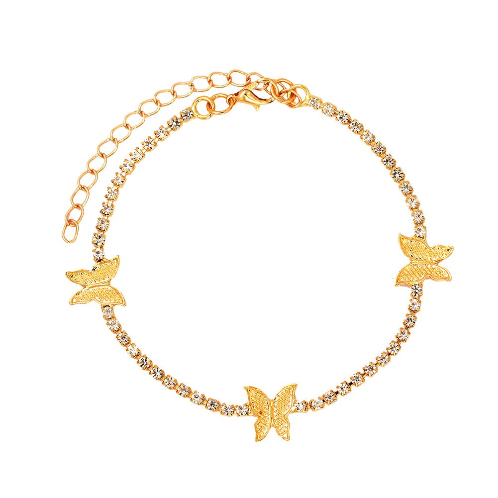 Flatfoosie Hip hop Rhinestone Butterfly Anklet Bracelet Women Gold Silver Color Crystal Tennis Chain Anklet on Leg Foot Jewelry: 004601GD