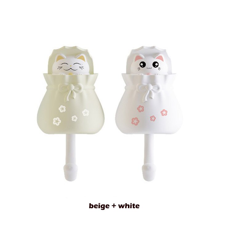 Sac en forme de chat porte-bonheur Kawaii, crochet de porte-clé arrière, crochet mural auto-adhésif décoratif pour rangement de salle de bain: beige and white
