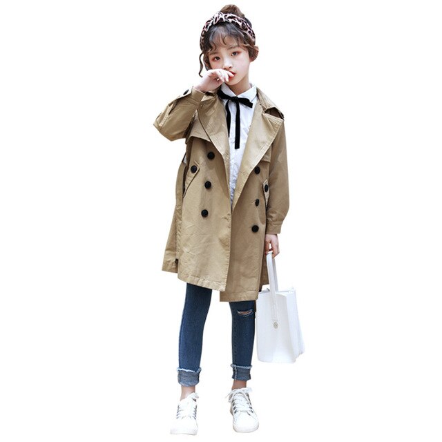 girls autumn spring trench coat double breasted kids jacket cotton children long windbreaker child casual outerwear: 4T