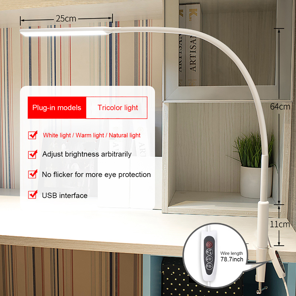 Long Arm Led Desk Lamp 10W Clip Flexible Table Lamp Adjustable Brightness&Color Eye Protection For Bedroom Reading Study Office