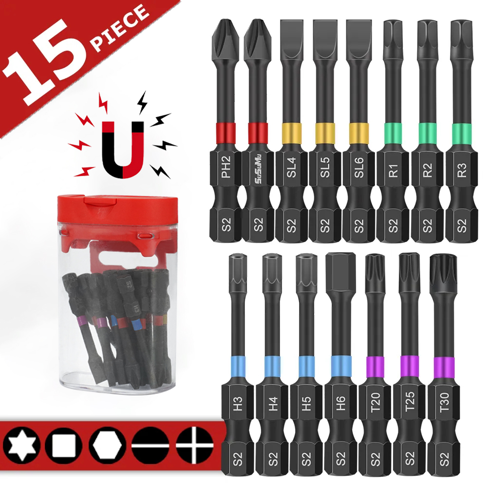 15 st. magnetiskt batchhuvud, slagstarkt elektriskt skruvmejselbitsset, magnetiskt fodral, 5 typer,  s2- huvudsbits, halkfria, vattentäta bits