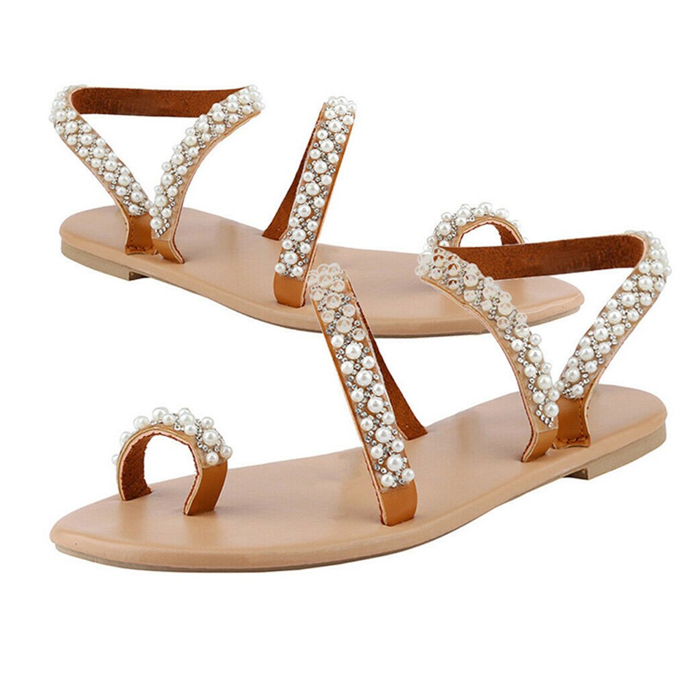 Women Boho Crystal Sandals Cross Toe Ring Flat Sandals for Summer ALS88: 39