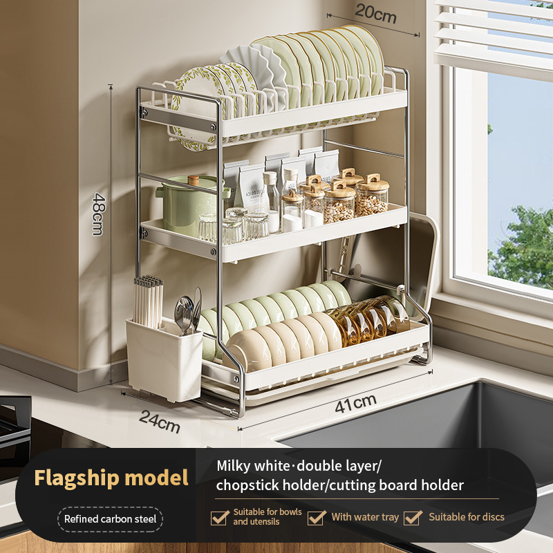 Kök rostsäker diskställ kökshylla skrivbord disk skålar tallrik bestick kastrulllock ställ organisatör 2- nivåer kompakt: Mörk khaki