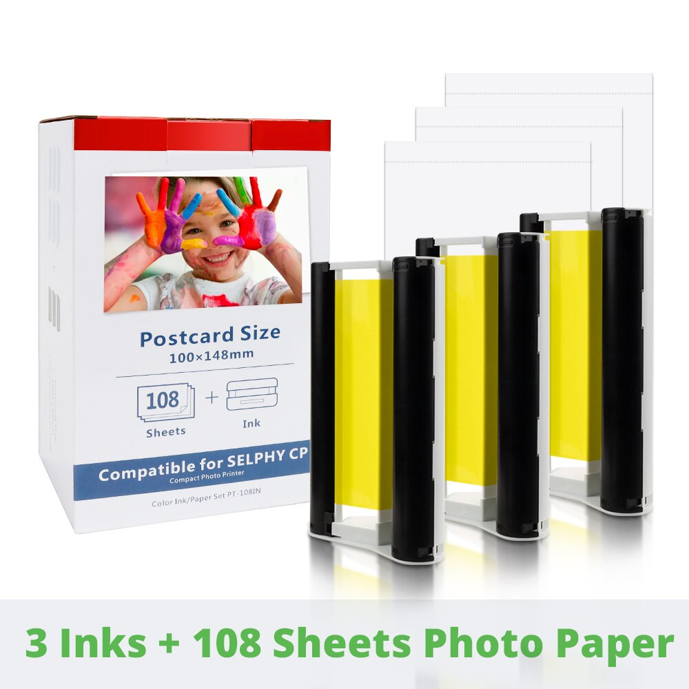 Papel fotográfico de 6 pulgadas, KP-108IN de casete de tinta y papel para impresora fotográfica Canon Selphy CP1300 CP1200 CP910 CP900: 3ink 108 photo paper