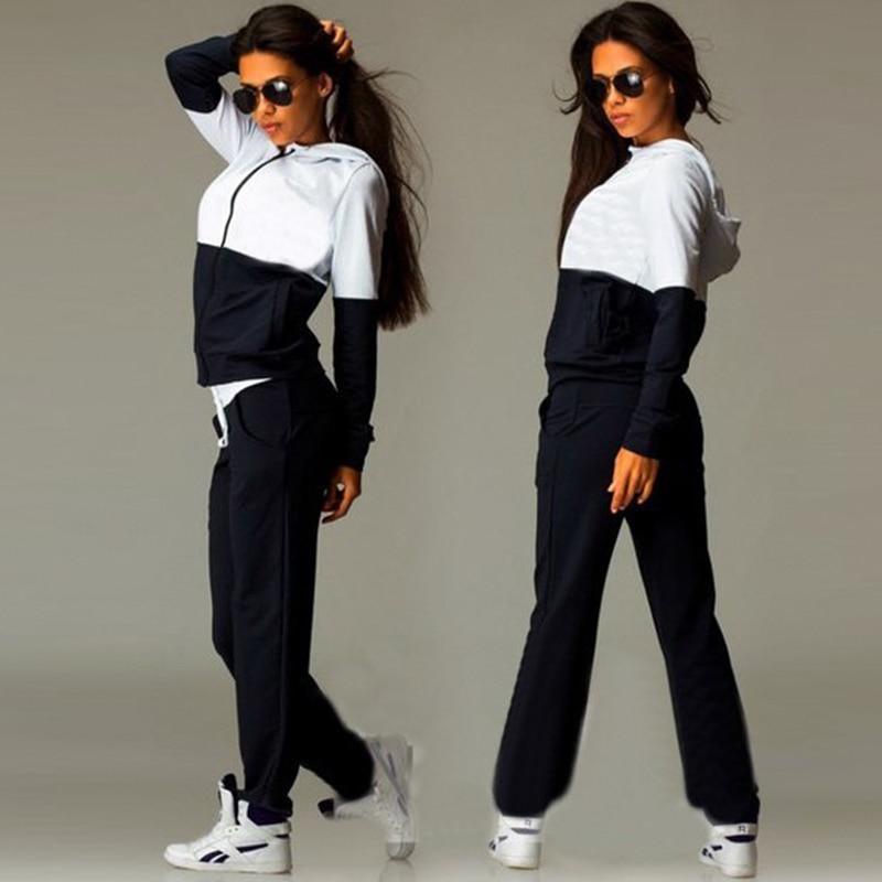 Rits Kleur Patchwork Joggingpakken Vrouwen Casual Losse Hooded Sweater En Sport Lange Broek Outdoor Fitness Running Outfits