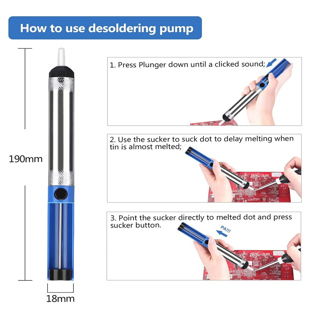 Desoldering Pump 7.5 inches 19cm Manual Vacuum Solder Sucker Removal Hand Tool Aluminum Plastic Silver Blue