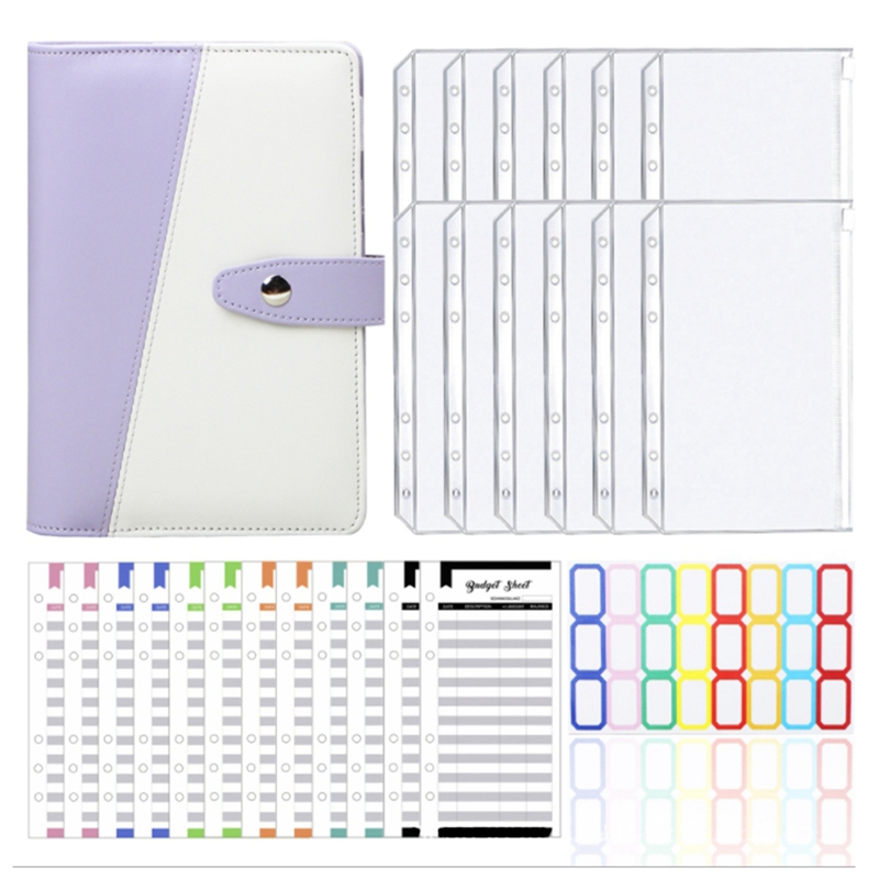 Classeur A6 en cuir PU rechargeable, planificateur de Budget, 6 anneaux ronds, couverture de carnet de notes avec enveloppes: Black