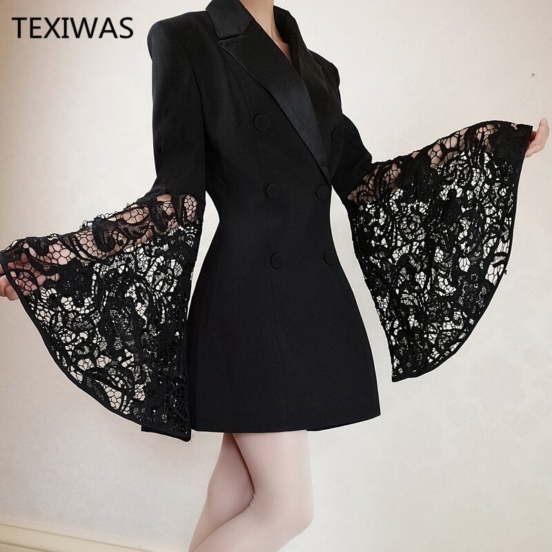 Traje de chaqueta larga a la , vestido de mujer para de negocios, vestido de encaje con manga de volantes, trajes de trabajo ajustados de talla grande,