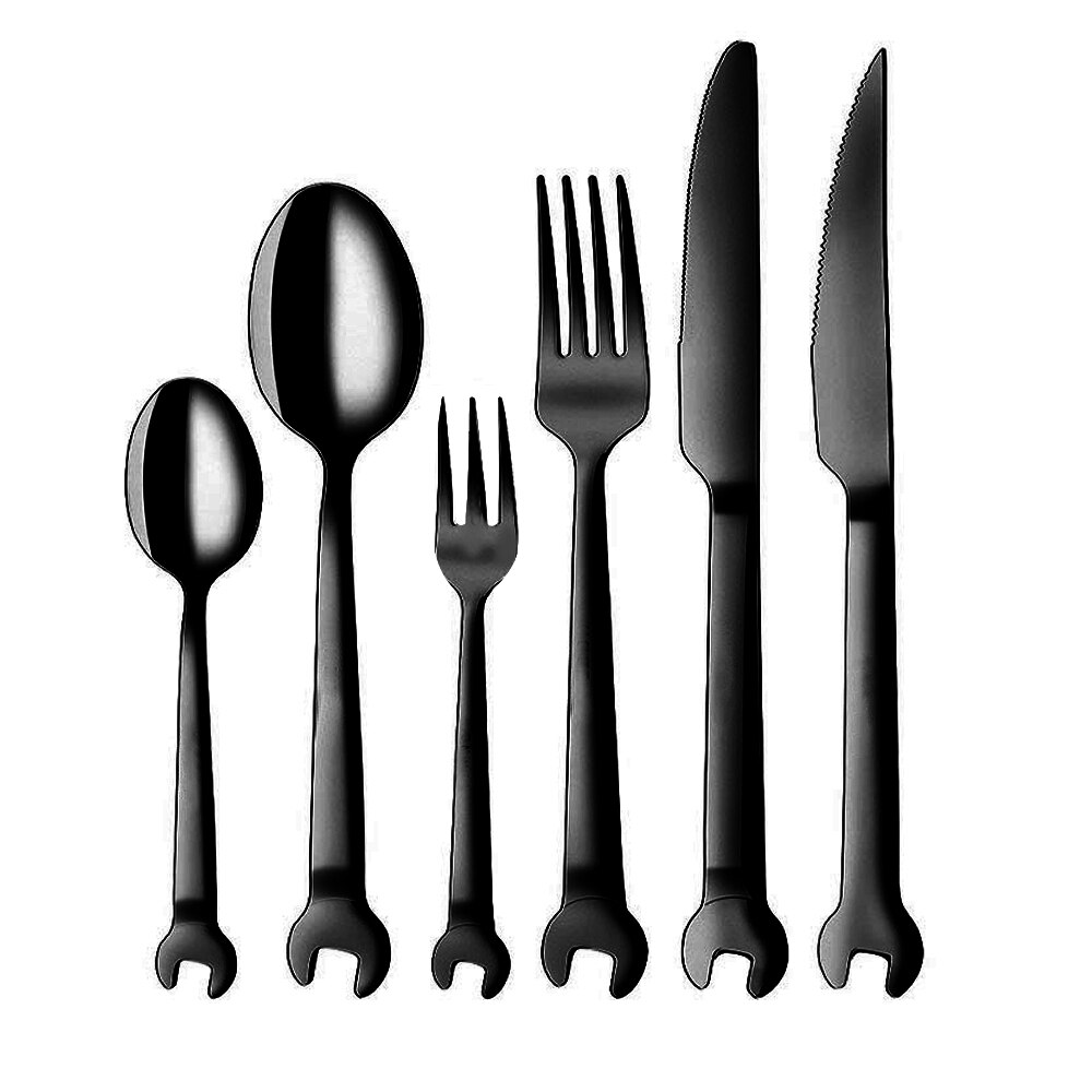 Stainless Steel Dinnerware Set Wrench Shape Fork Spoon Knife Tableware For Dinner Western Utensils Table Cutlery Set: Black set