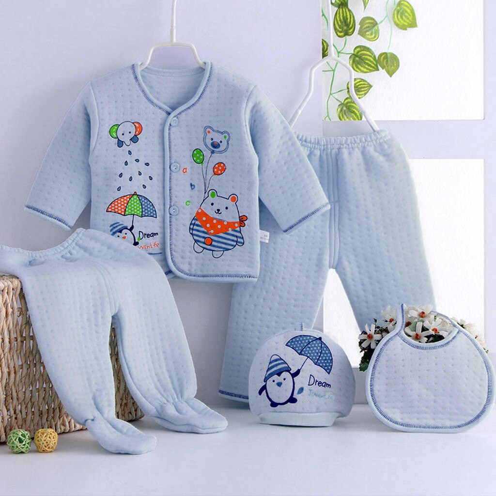 Ensemble de vêtements pour -né garçon et fille, 5 pièces, imprimé hérisson de dessin animé, haut à manches longues, pantalon, chapeau, bavoir, tenue pour enfants, pour -né: G(5PCS)