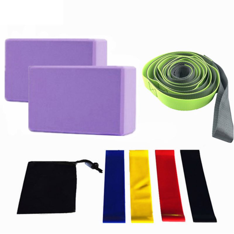 8 Pcs Yoga Equipment Set with Yoga Blocks Stretching Strap Resistance Loop Band Yoga Starter Kit: Purple 