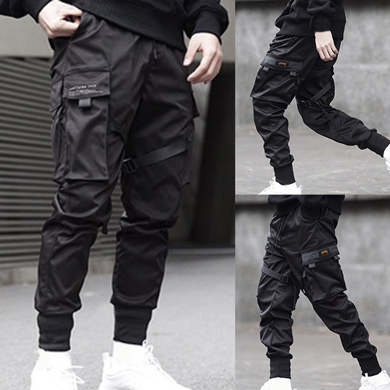 Fahsion Men Ribbons Color Block Black Pockets Cargo Pants Harem Joggers Harajuku Sweatpant Hip Hop Trousers