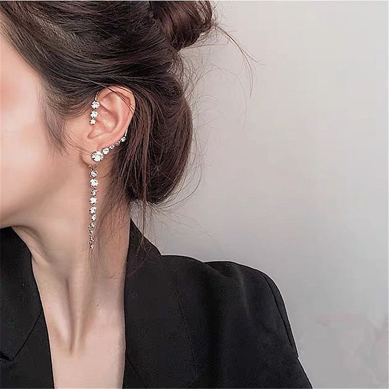 FLASHBUY Single Korean Rhinestone Earrings Shiny Drill Arc Ear Hanging Clip Earrings for Women Minimalist Ear Cuff