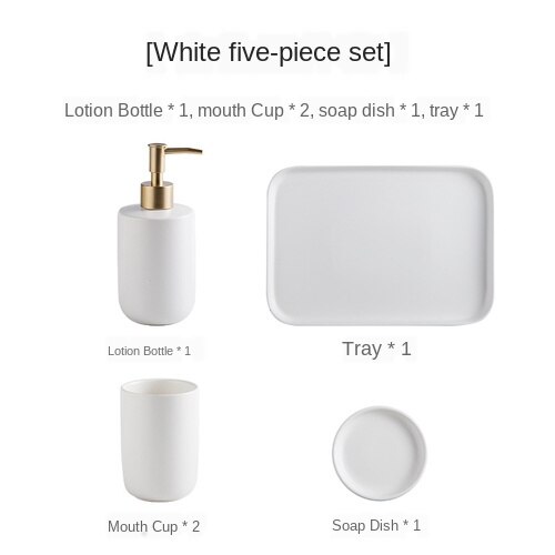 Northern European-Style Ceramic Sanitary Ware Washing Set Simple Toothbrush Cup Bathroom Decoration Toilet Tabletop: Matt White 5 pcs