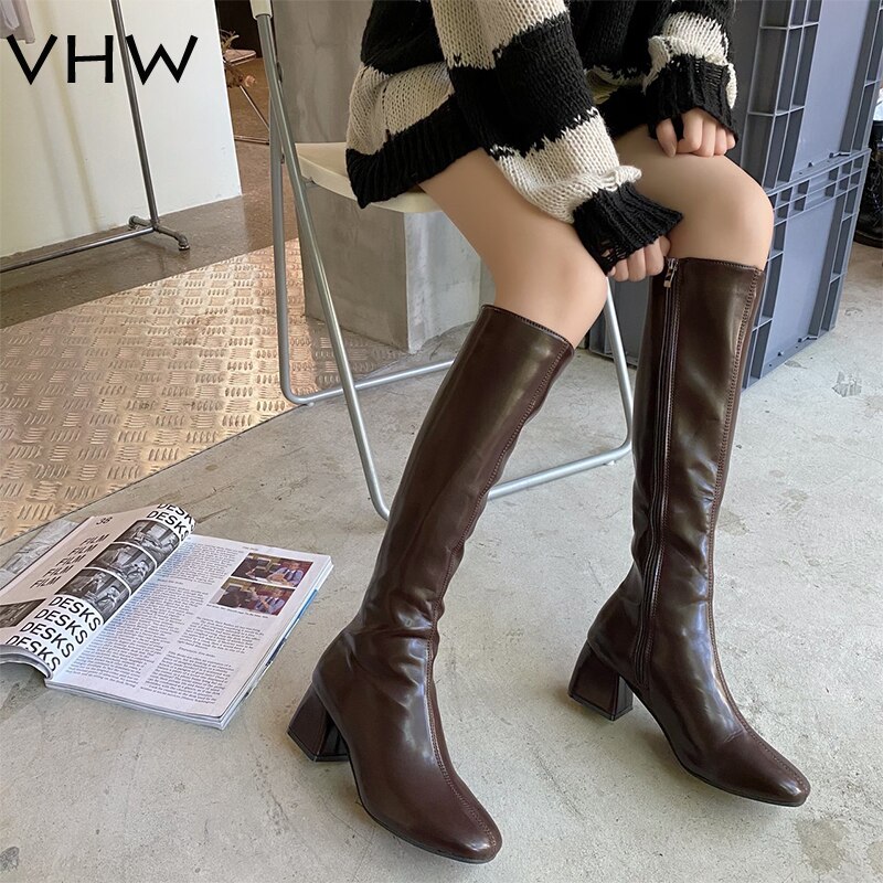 Dames kniehoge laarzen herfst winter schoenen witte hoge laarzen dames hak zwarte bruine knielaarzen