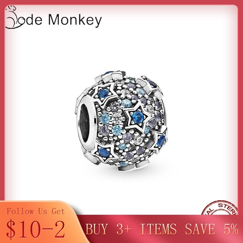 CodeMonkey claro CZ estrella azul alivio Ajuste Original 3mm pulsera y cuelga Plata de Ley 925 100% auténtica joyería CMS1541