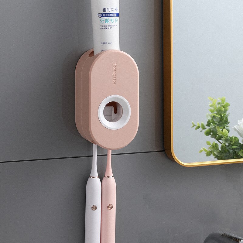 Selvklæbende automatisk tandpasta pressesæt, vægmonteret tandpastaholder, tandbørsteholder, vægopsugning tandpasta pres: Lyserød